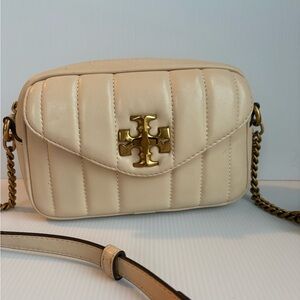 Tory Burch Kira Quilted Leather Camera Bag In Brie Color Chain Strap
